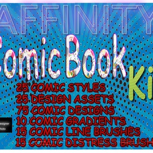 May include: A blue and yellow comic book kit for Affinity Designer and Affinity Photo. The kit includes 25 comic styles, 25 design assets, 75 comic designs, 10 comic gradients, 15 comic line brushes, and 15 comic distress brushes.