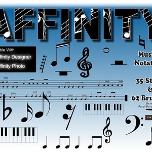 May include: Black and white musical notation brushes for Affinity Designer and Affinity Photo. The image shows 35 styles and 62 brushes, including notes, clefs, and piano keys. The text "Using The Pixel Persona Option" is also visible.
