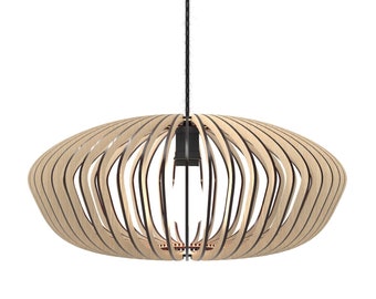 May include: A wooden pendant light with a unique, geometric design. The light fixture is made of thin, curved strips of wood that create a circular shape. The light is suspended from a black cord.