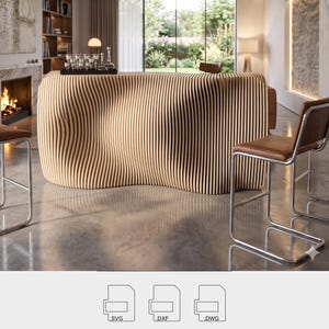 May include: A modern, light-colored wooden bar with a unique, wavy design. The bar features vertical wooden slats and is paired with brown leather bar stools with chrome frames. The scene includes a fireplace and a large window.