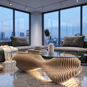 May include: A modern coffee table with a clear glass top and a unique, sculptural base made of light-colored wood. The base has a layered, wave-like design. The table is in a living room setting with a sofa and city view.