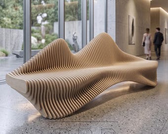 May include: A light-colored wooden bench with a unique, wave-like design. The bench features a series of vertical wooden slats, creating a textured surface. The bench is in a modern interior setting with large windows and a polished floor. The image includes SVG, DXF, and DWG file icons.