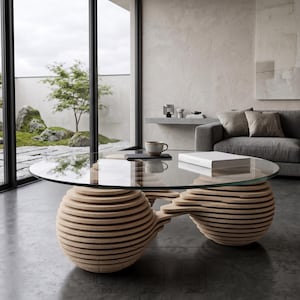May include: A contemporary coffee table featuring a circular glass surface. The base is crafted from light-toned wood, designed with layered, spherical forms. The table is set in a minimalist living room with a grey sofa and large windows.