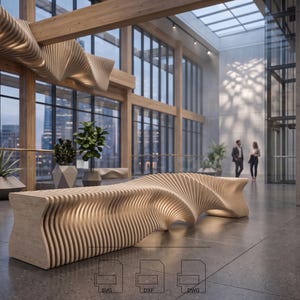 May include: A light-colored, wooden bench with a unique, wave-like design. The bench is made of vertical, curved wooden slats, creating a flowing, sculptural form. The bench is in a modern, open space with large windows and architectural details.