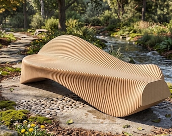 May include: A light-colored wooden bench with a unique, wave-like design. The bench is constructed from vertical wooden slats, creating a textured surface. It is situated outdoors on a stone path near a stream, surrounded by greenery and trees.