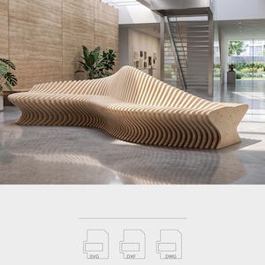May include: A light-colored wooden bench with a unique, wave-like design. The bench is made of layered wood, creating a textured surface. The design is modern and sculptural, suitable for indoor or outdoor spaces. The bench is approximately 12 feet long.