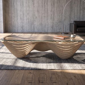 May include: A modern coffee table with a clear glass top and a unique, wave-like base made of light-colored wood. The table is approximately 48 inches long and 20 inches wide. A book and a small cup sit on the table.
