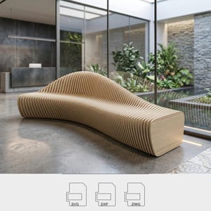 May include: A modern wooden bench with a curved, wave-like design. The bench is constructed from numerous parallel wooden slats, creating a textured surface. The light-colored wood contrasts with the concrete floor and the greenery visible through the windows.