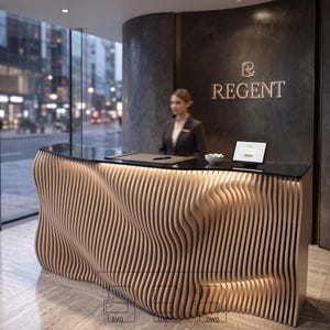 Op de afbeelding: Een moderne receptiebalie met een golvend ontwerp van licht hout. De balie heeft een zwart aanrechtblad en wordt verlicht met warme verlichting. Het woord "REGENT" staat in gouden letters boven de balie. Een persoon in een pak staat achter de balie.