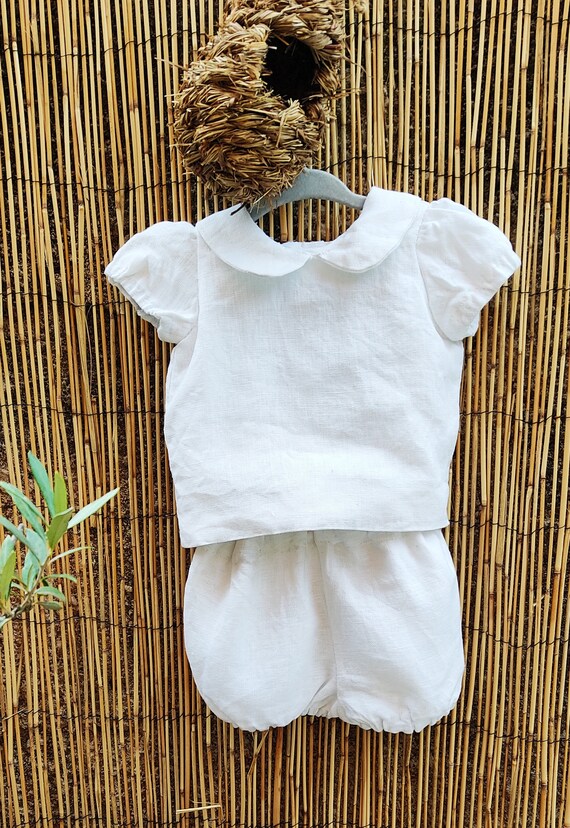 Handmade White Linen Blouse and Bloomer Set in Size 0 to 3 Months 