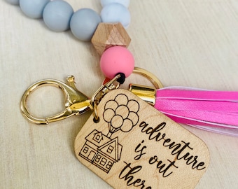Up, Adventure is out there Silicone Bead and Wood keychain Wristlet, Mother’s Day gift, Christmas gift