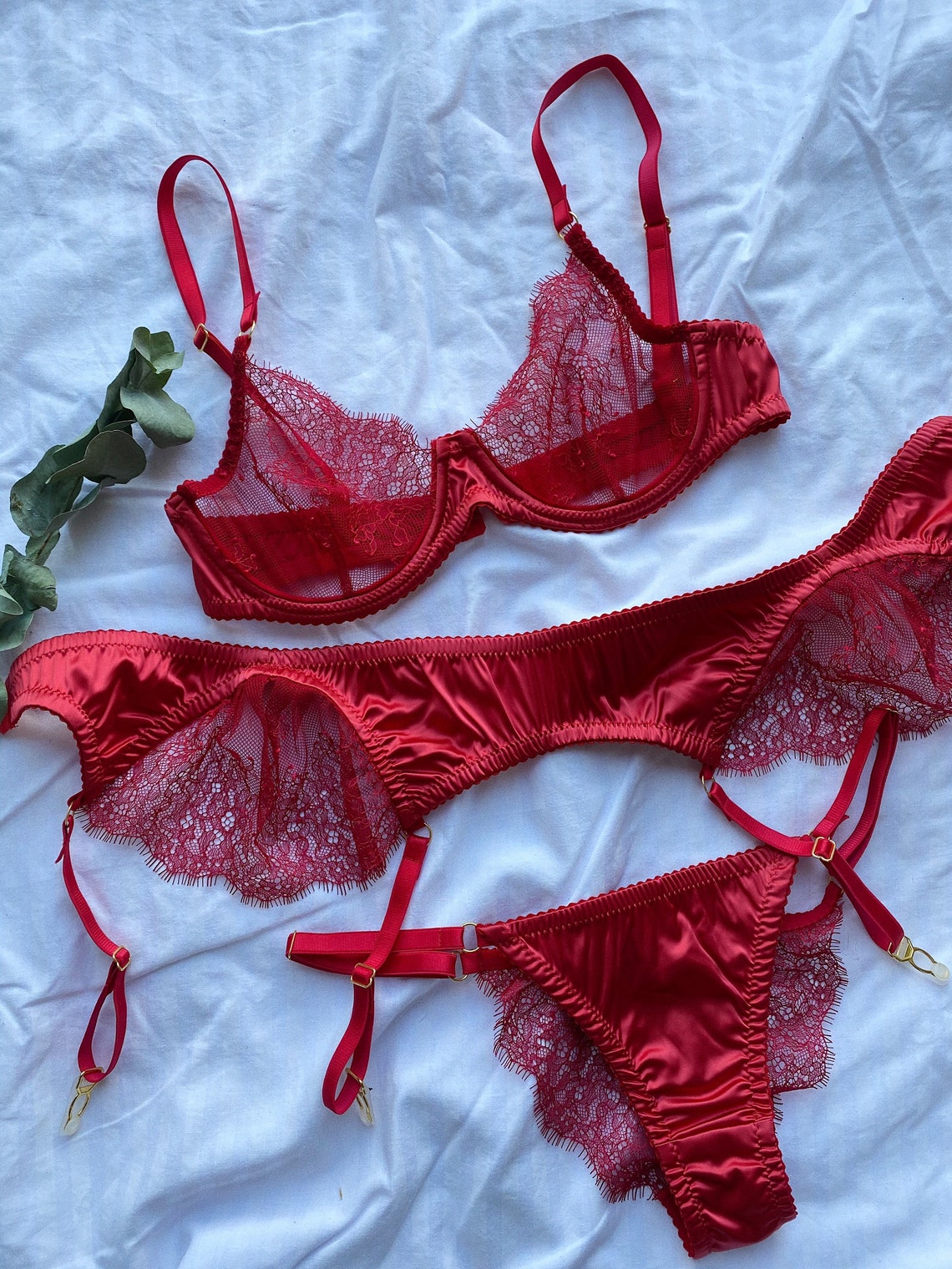 Set de lencería de seda roja lencería de encaje rojo Etsy