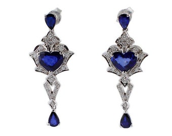 Blue Sapphires, Diamonds, 14k White Gold Vintage Earrings