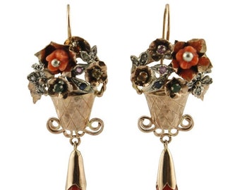 Handcrafted Earrings Diamonds, Emeralds,Red Coral,Sapphires, Rubies, 9 Karat Rose Gold and Silver
