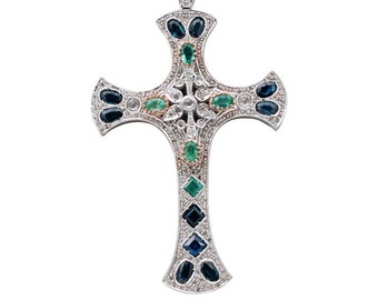 Blue Sapphires, Emeralds, Diamonds, 9 Karat Yellow Gold and Silver Cross Pendant