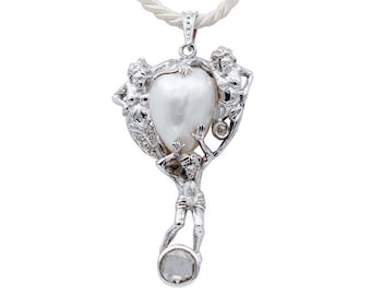 Big Rose Cut Diamond, Baroque Pearl,Diamonds,14Kt White Gold Pendant Necklace.