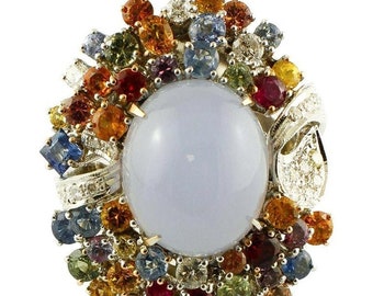 Diamonds, Rubies, Sapphires, Chalcedony, 14k White Gold Cocktail Ring