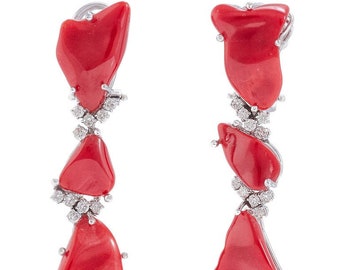 Handcrafted Earrings White Diamonds, Red Coral,18K White Gold Clip-on Fashion Design(RESERVED)