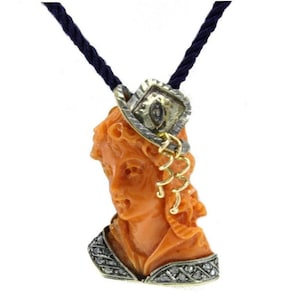 Handcrafted Pendant  Engraved Face on Coral, Diamonds, Silver and Rose Gold