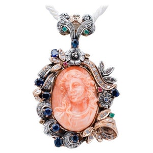 Coral,Diamonds,Emeralds, Sapphires, Rubies, 9Kt Gold and Silver Pendant Necklace