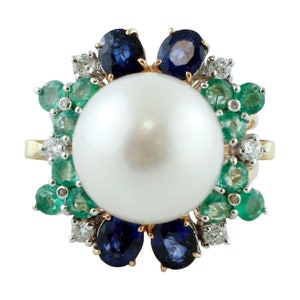 Handcrafted Cluster Rings White Diamonds,Blue Sapphires,Emeralds,White Pearl,14Kt Rose Gold