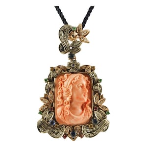 Handcrafted Pendant Engraved Orange Coral, Diamonds, Rubies, Blue Sapphires, Gold and Silver