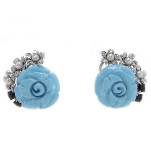 Handcrafted Clip-on Earrings Turquoise Pearl Sapphires Diamonds,14 Karat White Gold.