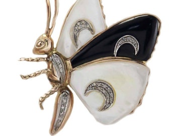 White Stones Black Agate Diamond Gold and Silver  Butterfly Brooch