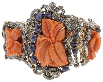 Pulseira diamantes azuis safiras grandes corais ouro e prata