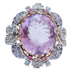Tourmaline, Iolite, Topazs, Peridots, Amethyst, Diamonds, 14 Kt White Gold Ring.