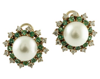 Handcrafted Earrings Diamonds, Emeralds, Pearls, 14 Karat Rose Gold