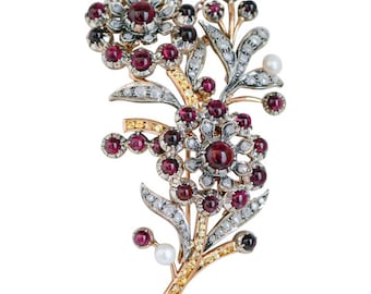 Garnets, Sapphires, Diamonds, Pearl, Rose Gold and Silver Brooch.