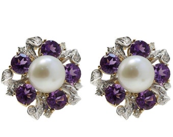 Ancient Handcrafted Earrings Rose Gold and White Gold Amethyst Diamonds and Pearl