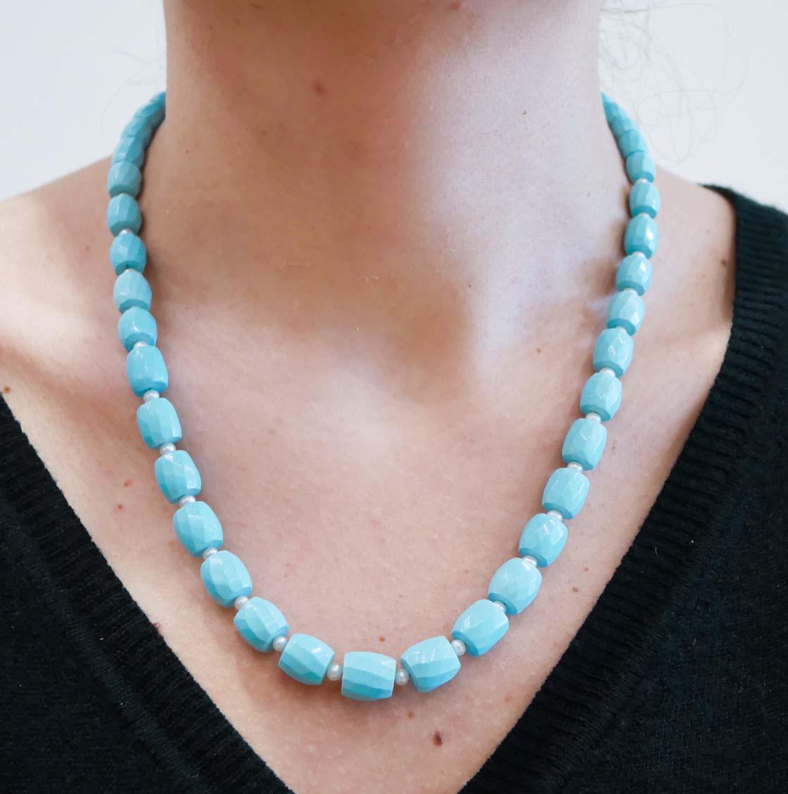 Collier En Or 18 Carats Avec Turquoises Naturelles, Spinelles Et Perles - 52 Cm