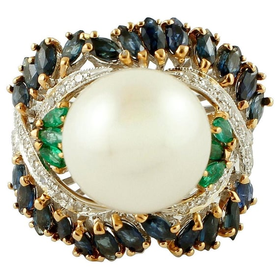 Diamonds, Emeralds, Blue Sapphires, Pearl, 14k Wh… - image 1