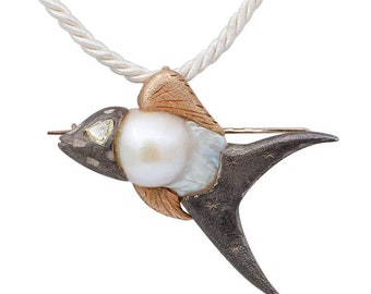 Diamond, Baroque Pearl 9 Karat Rose Gold and Silver Fish Brooch/Pendant
