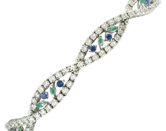 Diamanten, Smaragden, Blauwe Saffieren, 18 Karaat Wit Gouden Armband
