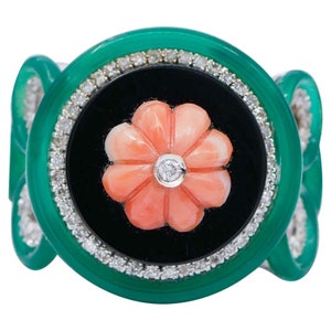 Coral, Onyx, Green Agate, Diamonds, 14 Karat White Gold Ring