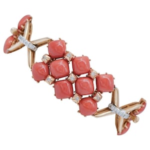 Coral, Diamonds, 14 Karat White and Rose Gold Retrò Bracelet