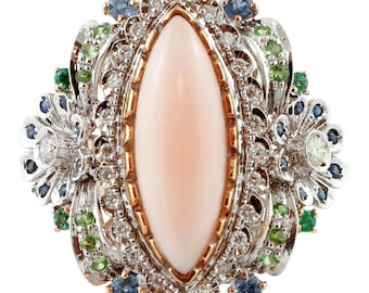 Diamonds Blue Sapphires Emeralds Tsavorite, Pink Coral, Rose and White Gold Ring