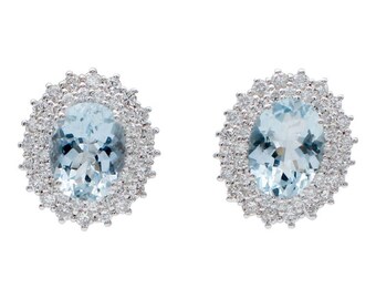 Aquamarine, Diamonds, 18 Karat White Gold Stud Earrings