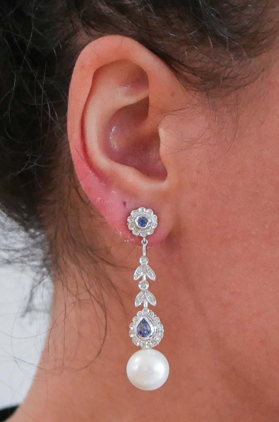 White Pearls, Sapphires, Diamonds, Platinum Earri… - image 5