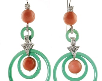 Green Agate, Red Coral Beads, Diamonds, 14K White Gold Earrings