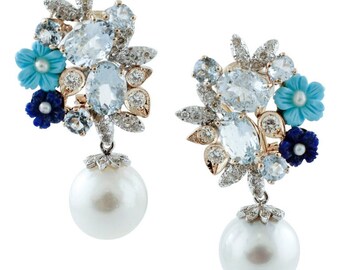 Brincos de pressão em ouro branco, diamantes, água-marinha, turquesa, lápis-lazúli e rosa