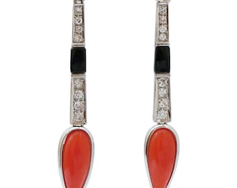 Coral, Onyx, Diamonds, Platinum Earrings.