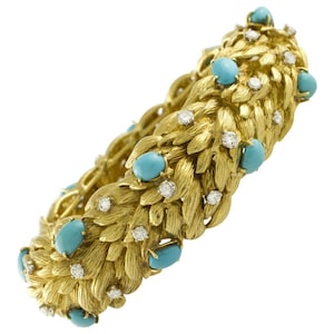 Ancient Handcrafted  Leaves Theme Retrò Bracelet White Diamonds Turquoise Yellow Gold