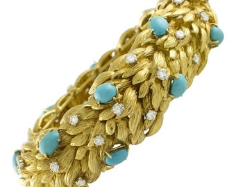 Ancient Handcrafted  Leaves Theme Retrò Bracelet White Diamonds Turquoise Yellow Gold