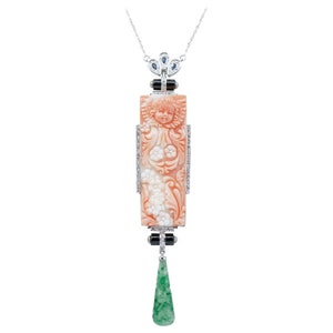 Coral, Jade, Onyx, Sapphires, Diamonds, Platinum Pendant Necklace