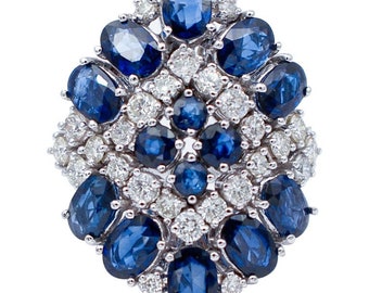 Saphirs bleus, diamants, bague en or blanc 14 carats