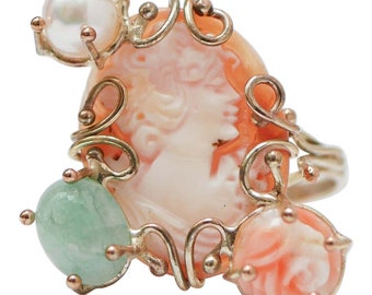 Anello Cammeo, Perla, Pietre, Oro Rosa